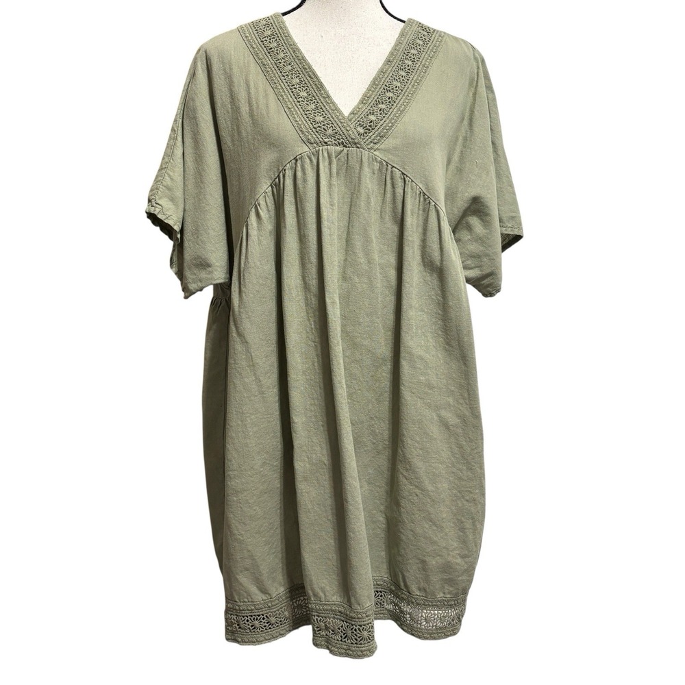 WIYA Linen Blend Shift Dress Sz M/L Green Crochet Trim Cottagecore Lagenlook